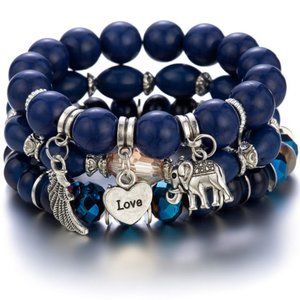 Bohemian Beaded Elephant Wings Love Charms Bracelets Set - BLUE